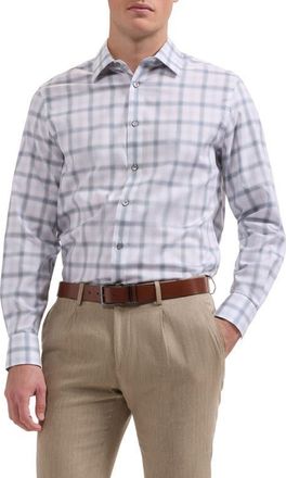 Bugatchi Julian Shaped Fit Check Stretch Cotton Button-Up Shirt in Platinum at Nordstrom, Size Xxx-Large