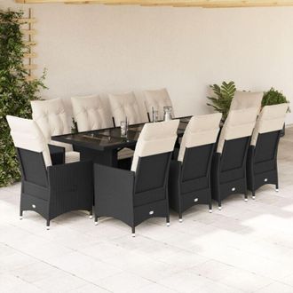 vidaXL Set De Mesa Y Sillas De Jard&iacute;n 11 Pzas Y Cojines Rat&aacute;n Pe Negro