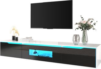 STILVORA Mueble Tv Con 2 Puertas Ranuradas Y Led 16 Colores, Alto Brillo, Estilo Moderno, 180&times;35&times;30 Cm, De Aglomerado, Blanco