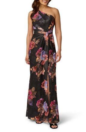 Adrianna Papell One-Shoulder Chiffon Gown in Black Multi at Nordstrom, Size 16