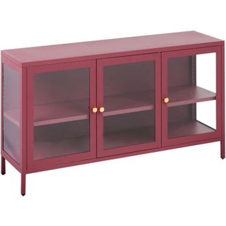 Beliani Aparador Moderno De Acero Vidrio Templado 3 Puertas Estantes Ajustables Rojo Oscuro Newport