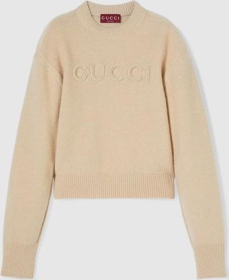 Gucci Wool Cashmere Sweater With Embroidery, Beige, Ready-to-wear