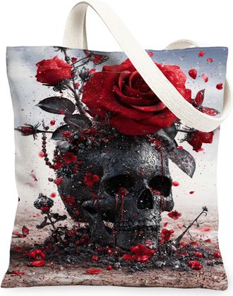 Generic Gothic Floral Canvas Tote Bags, Dark Rose Skull Design Reusable Grocery Bags, Vintage Lightweight Washable Shoulder Strap C, Black, 13x15 Inch