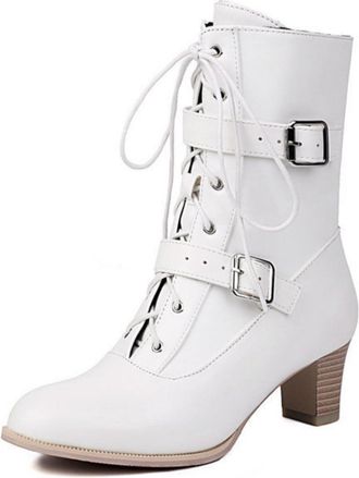 Generic Womens Punk Vintage Lace-Up Mid-Calf Boots with Buckle Detail and Chunky Heel for Work & Casual,White,7.5 UK