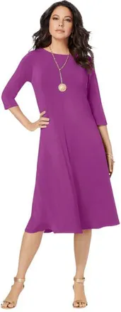 Roaman's Plus Size 3/4 Sleeve Boatneck Swing Dress in Purple Magenta at Nordstrom, Size 36
