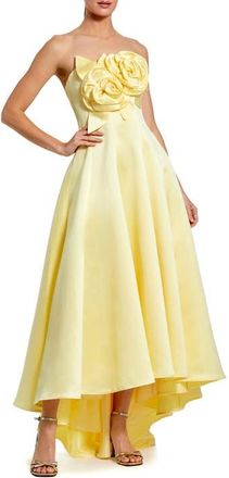 Mac Duggal Strapless Satin High Low Gown With 3D Flowers in Buttercup at Nordstrom, Size 12