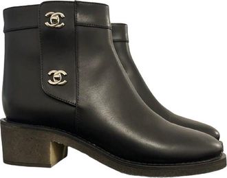 Chanel Black Interlocking CC Logo Ankle Boots Size 38.5
