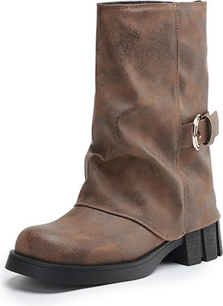 Generic Womens Vintage Round Toe Faux Leather Mid Calf Boots With Buckle Strap Chunky Heel Comfortable Wear Resistant For Fashion Leisure Daily,Brown,6.5 UK