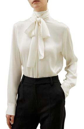 LilySilk Silk Turtleneck Ribbon Blouse in Natural White at Nordstrom, Size X-Large