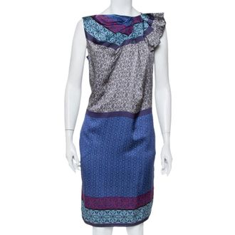 Emporio Armani Blue Printed Silk Draped Neck Detail Shift Dress