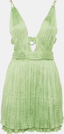 Maje Lime Green Satin Pliss&eacute; Plunge Neck Mini Dress