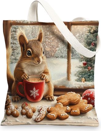 Generic Winter Christmas Squirrel Canvas Tote Bag for Shopping 13x15, Gingerbread Xmas Animal Reusable Grocery Print Pattern Bag for Women, Holiday Beach Aest