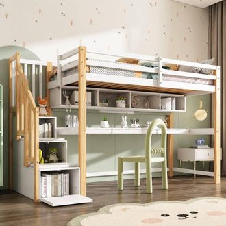 Merax 3FT Pine High Sleeper Bed with Desk & Storage Stairs 90x190cm in White | Size: Single