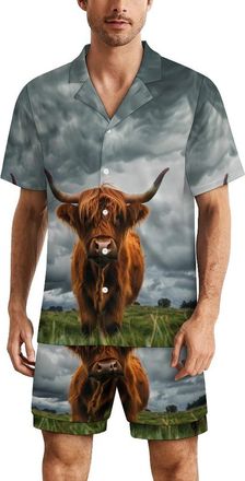 Generic Highland Cow in The Scottish Highlands Mens Pyjamas Set Short Sleeve Shirt And Shorts PJs Sleepwear Loungewear Summer L