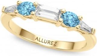 Allurez Baguette Lab Grown Diamond & Oval Blue Topaz Wedding Ring Band 18K Yellow Gold (0.79ct)