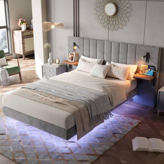 Merax Double Floating Bed Frame with Extended LED Headboard & Reading Lights in Grey