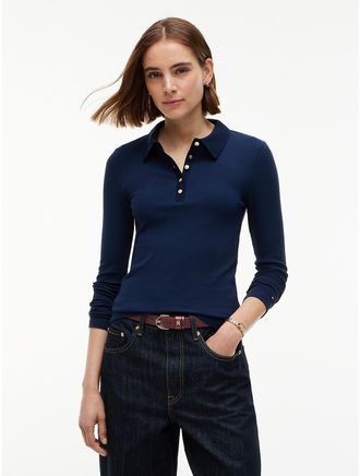 Tommy Hilfiger Womens Slim Fit Gold-Button Rib-Knit Polo - Dark Blue - XL