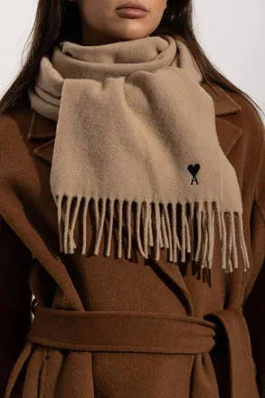Ami Wool Scarf With Logo, Unisex, Beige