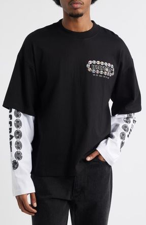 Icecream Jupiter Layered Long Sleeve Cotton Graphic T-Shirt in Black at Nordstrom, Size Xx-Large