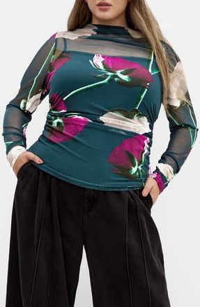 City Chic Lauryn Floral Sheer Mesh Top in Emerald Stem at Nordstrom, Size Xxxs