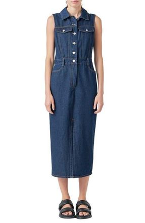 Grey Lab Sleeveless Midi Denim Dress in Navy at Nordstrom, Size Small