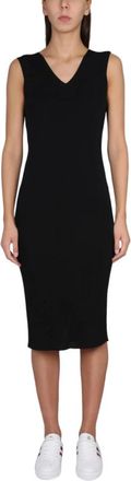 Moncler V-hals Logo Detail Midi Jurk - Dames - Kleedjes - Zwart - XS - Wol - Kleedjes