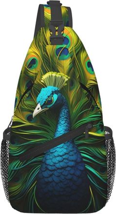 Generic Blue Peacock With Open Tail Sling Bag Breathable Crossbody Bag Lightweight Backpack For Casual Workout Women