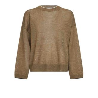 Brunello Cucinelli Brunello Cucinelli, Round-neck Knitwear, female, Brown, Size: M Sequin-embellished Ribbed-trim Sweater