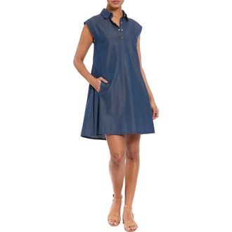 London Times Sleeveless Cotton Blend Trapeze Dress in Denim at Nordstrom Rack, Size X-Small P