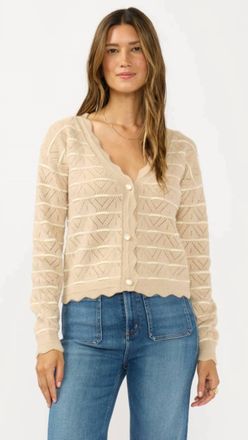 Lovestitch Stripe Pointelle Sweater Cardigan In Beige