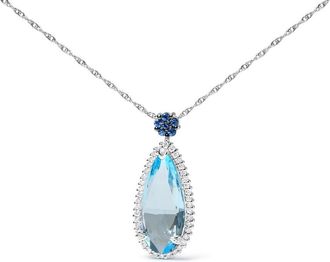 House of Brilliance 18K White Gold 3/8 Cttw Pave Set Diamond and Sky Blue Topaz and Blue Sapphire Gemstone Floral Teardrop Halo 18 Pendant Necklace