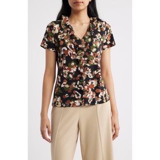 Anne Klein Cascade Ruffle V-Neck Top in Anne Black Multi at Nordstrom, Size X-Small P