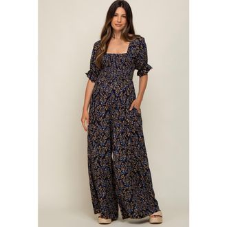 Pinkblush Floral Smocked Jumpsuit in Navy Blue at Nordstrom, Size Medium