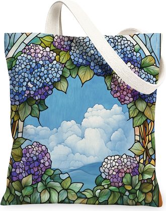 Generic Stained Glass Hydrangea Flower Canvas Tote Bag for Shopping 13x15, Cool Floral Garden Reusable Grocery Print Bag for Women Men, Fun Wildflower Aesthet