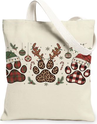Generic Christmas Paw Print Canvas Tote Bags, Animal Pattern Reusable Grocery Bags, Vintage Lightweight Washable Shoulder Strap Can, Cream, 13x15 Inch