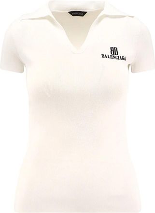 Balenciaga Witte Sweater Korte Mouwen Stretch - Dames - V-hals truien - Wit - S - Polyester - Truien & Vesten