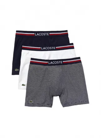 Lacoste Mens Long Stretch Cotton Jersey Boxer Brief - 3-Pack In White/navy/navy Stripe