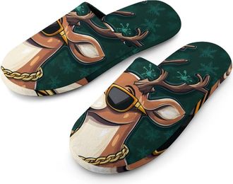 Generic Deer with Gold Chain And Glasses Mens Slippers Flannel Warm House Shoes with Rubber Anti-Slip Sole Slip On for Home Outdoor