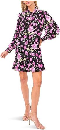 CeCe by Cynthia Steffe Long Sleeve Neck Bow Tie Floral Dress Womens Dress Rich Black : XS, Polyester