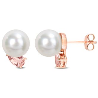Mimi & Max 8-9mm South Sea Cultured Pearl and 4/5ct TGW Morganite Stud Earrings in 14k Rose Gold
