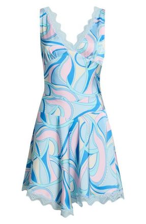 Avec Les Filles Lace Trim Bias Cut Satin Minidress in Mermaid Paisley at Nordstrom, Size 14