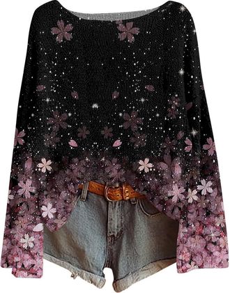 Generic Oversized Sweater for Women UK 2025 Fall Winter Boho Style Vintage Floral Print Pullover Tops Casual Long Sleeve Crewneck Knitted Blouse Comfy Loose F