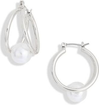 Nordstrom Rack Faux Pearl Caged Hoop Earrings in White- Silver at Nordstrom Rack