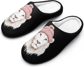Generic White Lion Wearing Hat Mens House Slippers Memory Foam Washable Cotton Slip on Home Shoes