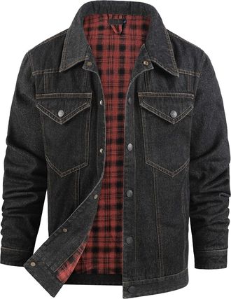 Generic Mens Denim Jacket Waxed Canvas Jacket Men Snap Button Flannel Lined Western Cowboy Style Classic Casual Workwear Outwear