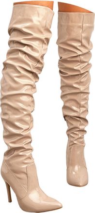 Generic PU Leather womens knee high brown slouchy boots fold over Comfy Leather stiletto pointed over-knee high boots women for Party Wedding or Dating Zipper