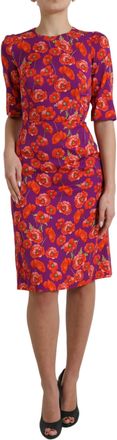 Dolce & Gabbana Womens Poppy Print Dress Half Sleeves - Purple Silk - Size EU 32 (Womens)