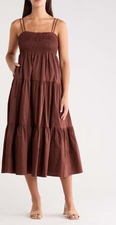 Sugarlips Gennie Smocked Tiered Cotton Midi Dress in Brown at Nordstrom, Size X-Large