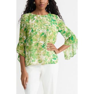 Kasper Printed Ruffle Sleeve Chiffon Top in Lush Green Multi at Nordstrom, Size X-Large