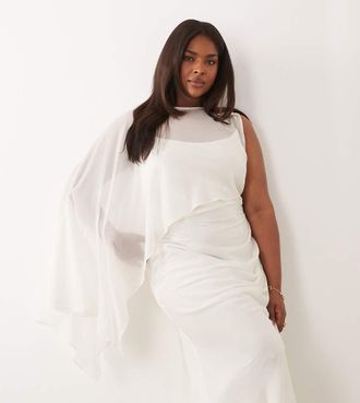 Asos Curve ASOS DESIGN - Vestito lungo monospalla asimmetrico con maniche a pipistrello e drappeggio color avorio-Bianco